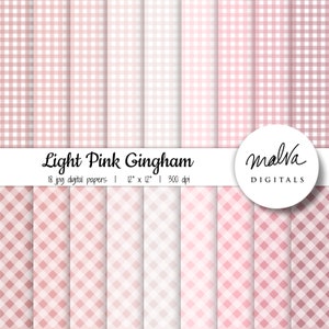 Pacchetto di carta digitale Pastel Pink Gingham, sfumature di sfondo digitale plaid rosa chiaro, carta scrapbook digitale stampabile a quadretti, rosa polverosa