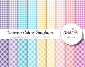 Pastel Gingham digital paper pack, easter gingham digital background, printable plaid digital scrapbook paper, pastel unicorn gingham