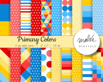 Pacote de papel digital de cores primárias, papel de álbum de recortes vermelho azul amarelo, fundo digital, quadrados de listras chevro de bolinhas, download instantâneo