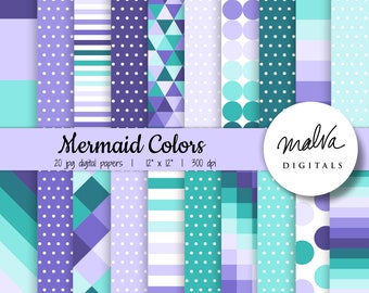 Mermaid Colors digital paper pack, purple and teal geometric patterns, mermaid digital background, mermaid birthday decor, digital download