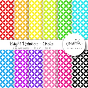 May include: Twelve digital papers featuring a repeating pattern of overlapping circles in a rainbow of colors, including red, orange, yellow, green, blue, purple, pink, and black. The papers are 12 inches by 12 inches and 300 dpi.