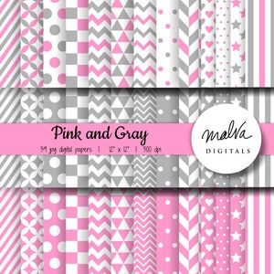 Pink and Gray digital paper pack, geometric patterns digital scrapbook paper, pink digital background, baby shower paper, instant download