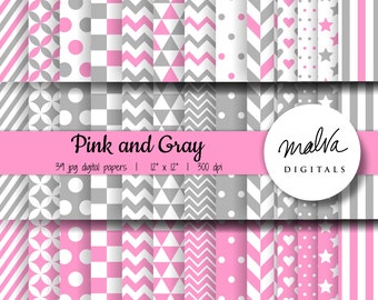 Pink and Gray digital paper pack, geometric patterns digital scrapbook paper, pink digital background, baby shower paper, instant download