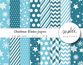 Blue Christmas digital paper pack, blue geometric patterns, snowflake digital scrapbook paper, holiday season decor, stars digtal background