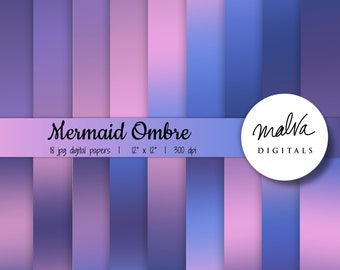 Mermaid Colors Gradients digitales Papierpaket, ombre digitaler Hintergrund, lila digitales Scrapbook papier, lila und blaue Ombre Kulisse, rosa