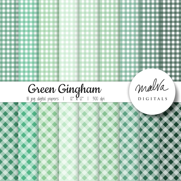Green Gingham digital paper pack, shades of green plaid digital background, printable gingham digital scrapbook paper, pastel green, summer