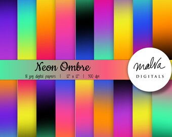 Pacchetto di carta digitale Neon Gradient, sfondo digitale, carta ombre, colori vivaci, sfondo ombre, sfondo arcobaleno, carta digitale anni '90