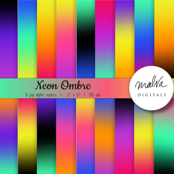 Neon Gradient digital paper pack, digital background, ombre paper, bright colors, ombre background, rainbow backdrop, 90s digital paper