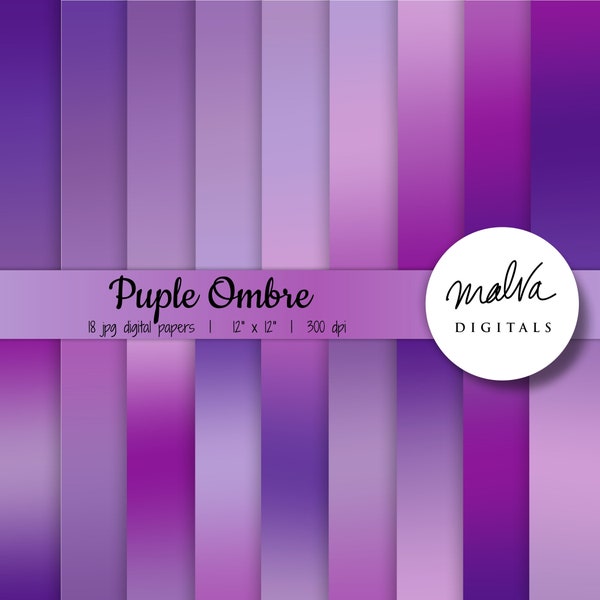 Purple ombre digital paper pack, shades of purple digital background, purple gradient backdrop, printable purple digital papers, dark purple