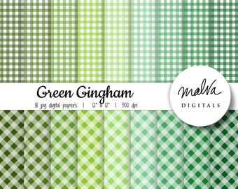 Green Gingham digital paper pack, shades of green plaid digital background, printable gingham digital scrapbook paper, spring summer gingham