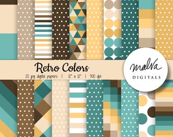 Retro colors digital paper pack, vintage geometric patterns, digital scrapbook paper, retro digital background, hippie sumer vibes papers