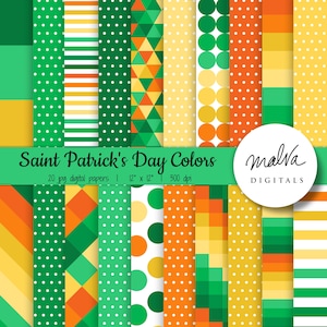 Puede incluir: Un conjunto de 20 papeles digitales con temática del Día de San Patricio. Los papeles presentan varios patrones en verde, amarillo y naranja, incluyendo lunares, rayas, formas geométricas y colores sólidos. Los papeles miden 30,48 cm por 30,48 cm y 300 dpi.