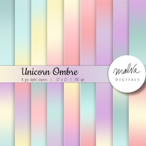 Peut inclure: Ensemble de 18 papiers numériques avec des dégradés ombrés dans des couleurs pastel, notamment rose, bleu, jaune et violet. Les papiers mesurent 30,5 cm sur 30,5 cm et ont une résolution de 300 dpi. Le texte "Unicorn Ombre" et "malva DIGITALS" est inclus dans l'image.