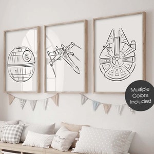 Star Wars Ships Space Line Art Print Set of 3, Wall Print, Minimalist Nursery Decor, bb8 r2d2 c3po darth Vader storm trooper boba Chewbacca