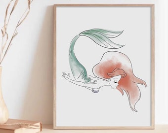 Princess Ariel Art Print, Little Mermaid Art, Hand Drawn Girls Nursery Art, Watercolor Nursery Art, Princess Art, Walt, Ocean Decor Mermaid