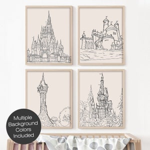 Castle Set of 4 Prints, Cinderella Castle, Ariel Castle, Rapinzel Tangled Tower, Beast castle, Neutral Castle Wall Prints, Minimal Line Art