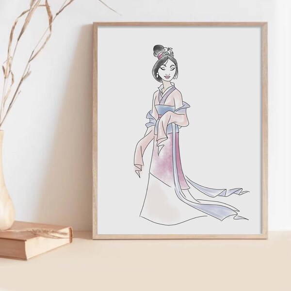 Princesse Mulan Art Print, Mulan Art, Art de pépinière de filles dessinées à la main, Art de pépinière d’aquarelle, Art de princesse, Mulan, Chine, Geisha Art Decor