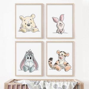 Winnie the Pooh Art Print Set of 4 in Color, Wall Print, Sketched Nursery Wall Art Decor, Poster, Pooh Bear, Piglet, Tiger, Eeyore digital