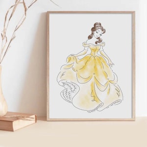 Princess Belle Beauty and the Beast Art Print, Hand Drawn Girls Nursery Art, Watercolor Nursery Art, Princess Art, Belle, Gold Dress