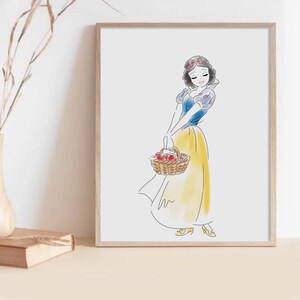 Princess Snow White Art Print, Hand Drawn Girls Nursery Art, Watercolor Princess Nursery Art, Princess Art, Color Sketch Art Prints, Primary