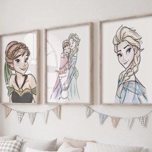 Elsa Anna and Olaf Frozen Watercolor Art, Set of 3 Frozen Art, Princess Art, Frozen 2 Art Print, Nursery Girls Wall Art Princess Posters