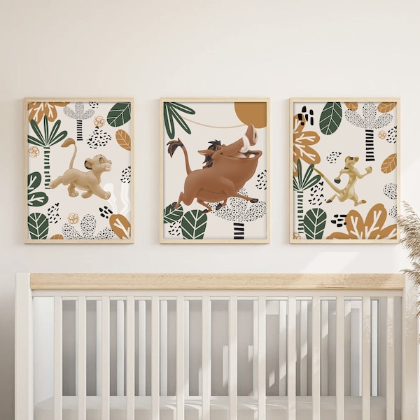 Lot de 3 oeuvres d'art mural bohème Le Roi Lion, impressions pour chambre d'animaux, décoration murale impressions murales pour chambre d'enfant safari, bébé animal, art mural Simba Boho pour chambre d'enfant