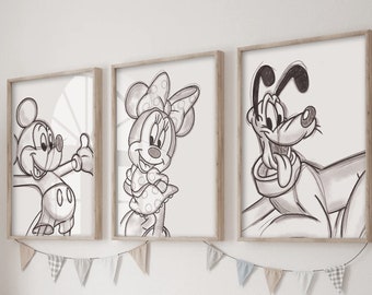 Mickey Mouse and Friends Art Print Set of 3, Print black and white, Sketched Nursery Wall Art Poster, Mickey, Minnie, Pluto No signatures