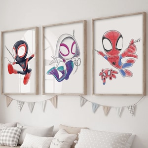 Spidey and Friends Set of 3 Prints, Spiderman Nursery art, Ghost Spidey, Miles Morales, Spin, Kids Decor, Kids Playroom room art print set