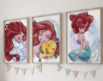 Princess Ariel Little Mermaid Art Print Set of 3, Girls Nursery, Princess Wall Art, Sea Art, Mermaid Art, Little mermaid Under the Sea Art