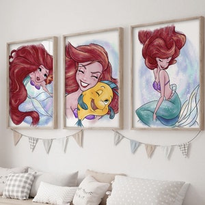 Princess Ariel Little Mermaid Art Print Set of 3, Girls Nursery, Princess Wall Art, Sea Art, Mermaid Art, Little mermaid Under the Sea Art