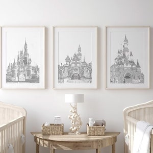 A Castle Sketches Set of 3, Printable Wall Art, Disneyworld Cinderella Disneyland, Paris, Nursery Art, Princess art, Boho art, Magic Kingdom