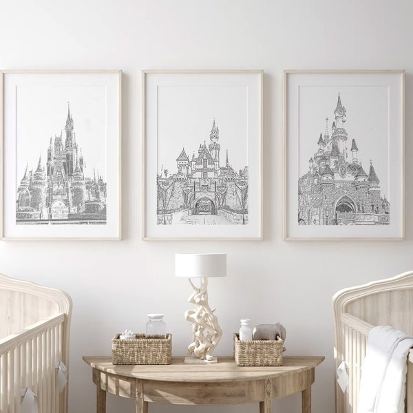 A Castle Sketches Set of 3, Printable Wall Art, Disneyworld Cinderella Disneyland, Paris, Nursery Art, Princess art, Boho art, Magic Kingdom