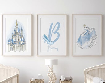 Custom Princess Cinderella Name Art Print, Personalized Girls Nursery Art, Monogram Princess Nursery Art, Princess Art, Cinderella Castle