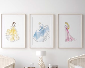 Princess Art Print Set of 3 for Girls Nursery, Watercolor Nursery Art, Princess Art, Belle, Sleeping Beauty, Cinderella, Beauty and Beast