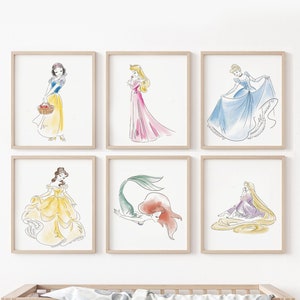 Princess Art Print Set of 6 for Girls Nursery, Watercolor Princess Wall Art, Belle, Snow White, Ariel, Sleeping Beauty, Cinderella, Rapunzel