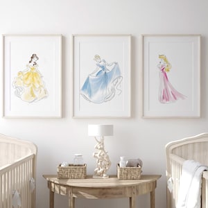 Princess Art Print Set of 3 for Girls Nursery, Watercolor Nursery Art, Princess Art, Belle, Sleeping Beauty, Cinderella, Beauty and Beast