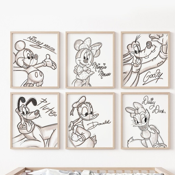 Mickey Mouse and Friends Art Print Set of 6, Print, Sketched Boho Nursery Wall Art Poster, Mickey, Minnie, Goofy, Pluto Kids Art
