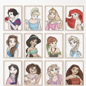 Watercolor Princess Art Print Set of 12, White Background Nursery Art, Princess Art, Belle, Cinderella, Elsa, Ariel, Rapunzel, Moana Snow