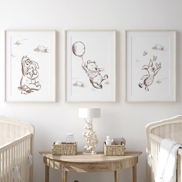 Lot de 3 impressions d'art Winnie l'ourson, impression murale, esquisse d'art déco mural pour chambre d'enfant, ourson, porcelet, Bourriquet, enfants, décoration de chambre d'ours ourson