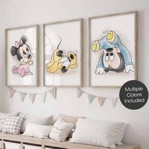 Baby Mickey Mouse Art Print Set of 3, Baby Minnie, Pluto, Mickey and Minnie nursery Art, Decor, Pluto and Mickey, Minnie Mouse Poster