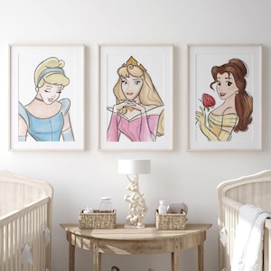 Pick 3 Princess Sketches, Princess Art, Choose Your Set, Girls Nursery, Sketched Princess Wall Art, Frozen, Tangled & more Digital Download