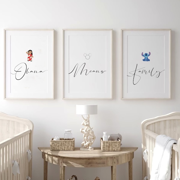 Ohana Means Family Lilo and Stitch Art, Nursery wall art, nursery printable, Bedroom Print, Above Crib Print Set of 3, Bedroom Quote Decor