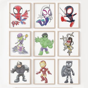 Spider and Friends Wall Art, Set of 9, Avengers Nursery art, Kids Decor, spiderman art, iron man, hulk, black panther, boys room art