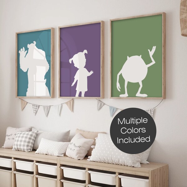 Monsters Inc Set of 3 Art Prints, Wall Print set, Boy nursery art, Nursery Wall Art Decor, Poster, Dinosaur Art, Mike, Sully, Boo, Monster