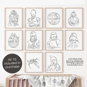 Star Wars Space Line Art Print Set of 10, Wall Print, Minimalist Nursery Decor, bb8 r2d2 c3po darth Vader storm trooper boba fett Chewbacca