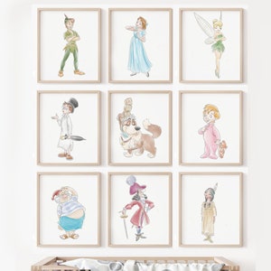 Peter Pan Nursery Art Prints, Set of 9, printable Neverland map, Tinkerbell Wendy, Hook, Nana John, Michael, Pixie Neverland Playroom Art,