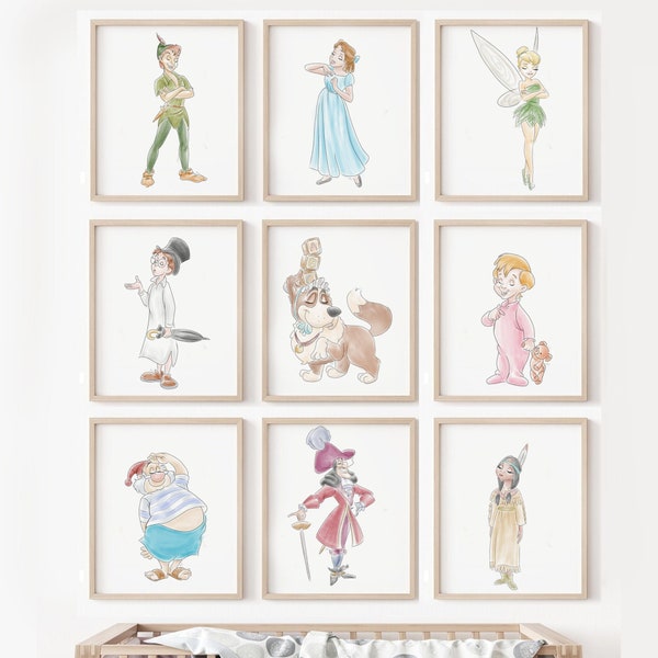 Impressions d'art pour chambre d'enfant Peter Pan, lot de 9, carte imprimable du pays imaginaire, fée clochette Wendy, crochet, Nana John, Michael, art de la salle de jeux Pixie Neverland,
