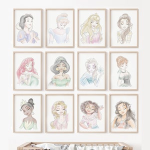 Watercolor Princess Art Print Set of 12, Hand Drawn Girls Nursery Art, Princess Art, Belle, Cinderella, Elsa, Ariel, Rapunzel, Moana, etc