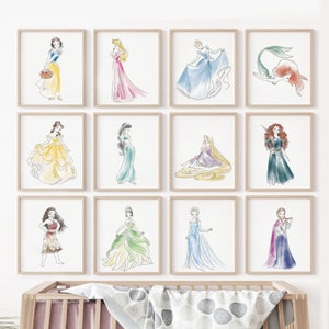 Watercolor Princess Art Print Set of 12, Hand Drawn Girls Nursery Art, Princess Art, Belle, Sleeping Beauty, Cinderella, Elsa, Ariel & more