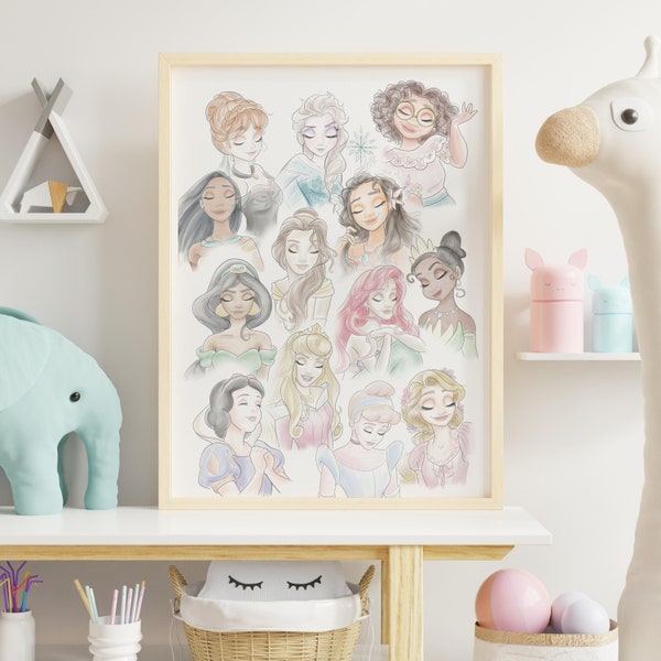 Aquarelle Princesses Art Print, Girls Nursery Art, Princess Art, Belle, congelée, Cendrillon, Elsa, Ariel, Raiponce impression de téléchargement numérique